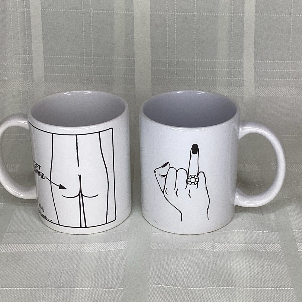 A Set Of White Expression Coffee Mugs  “LEFT BEHIND” & Ring Finger.